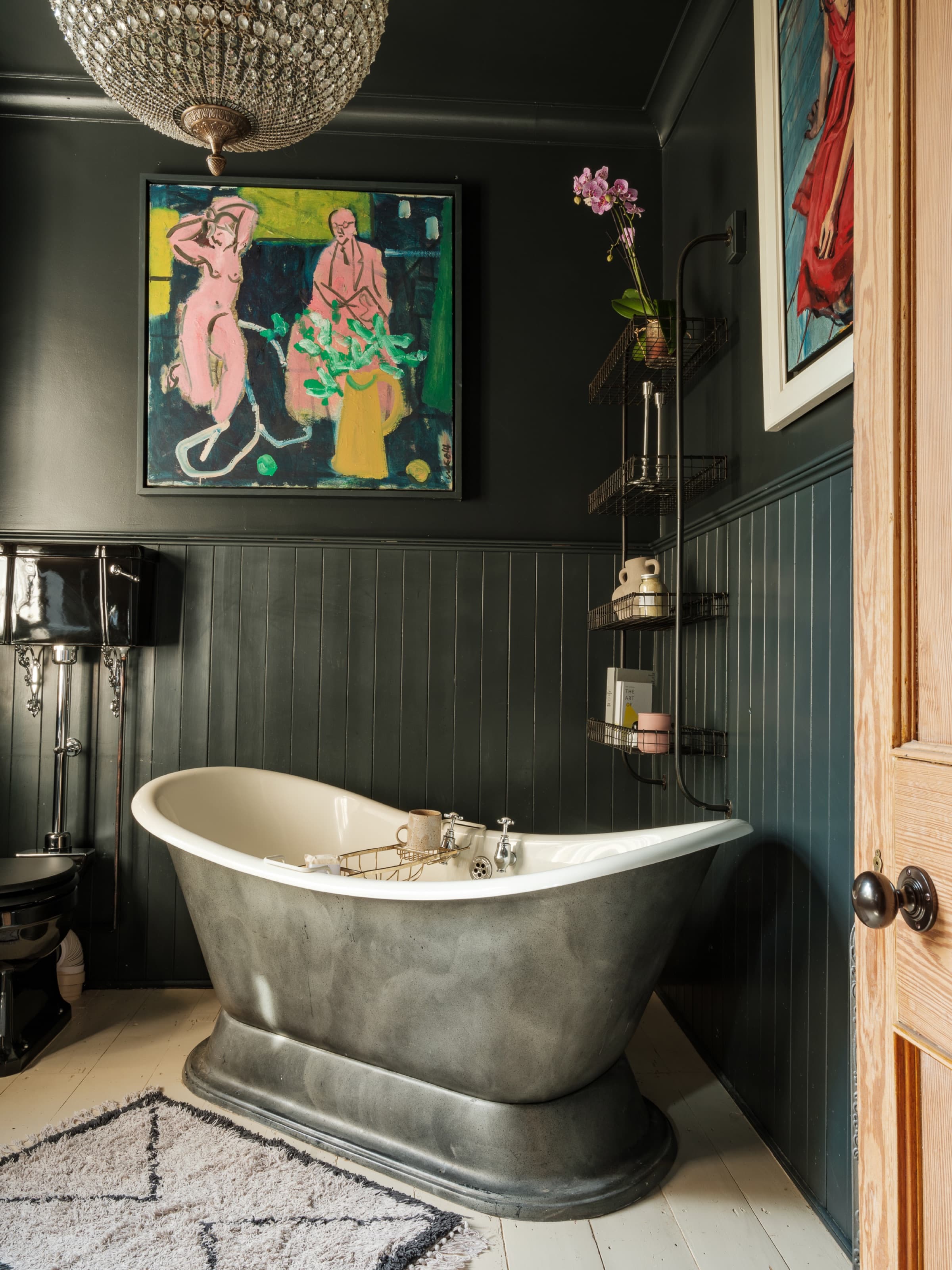 Somerleaze House bathroom, freestanding bath, dark panelling, silver sink
