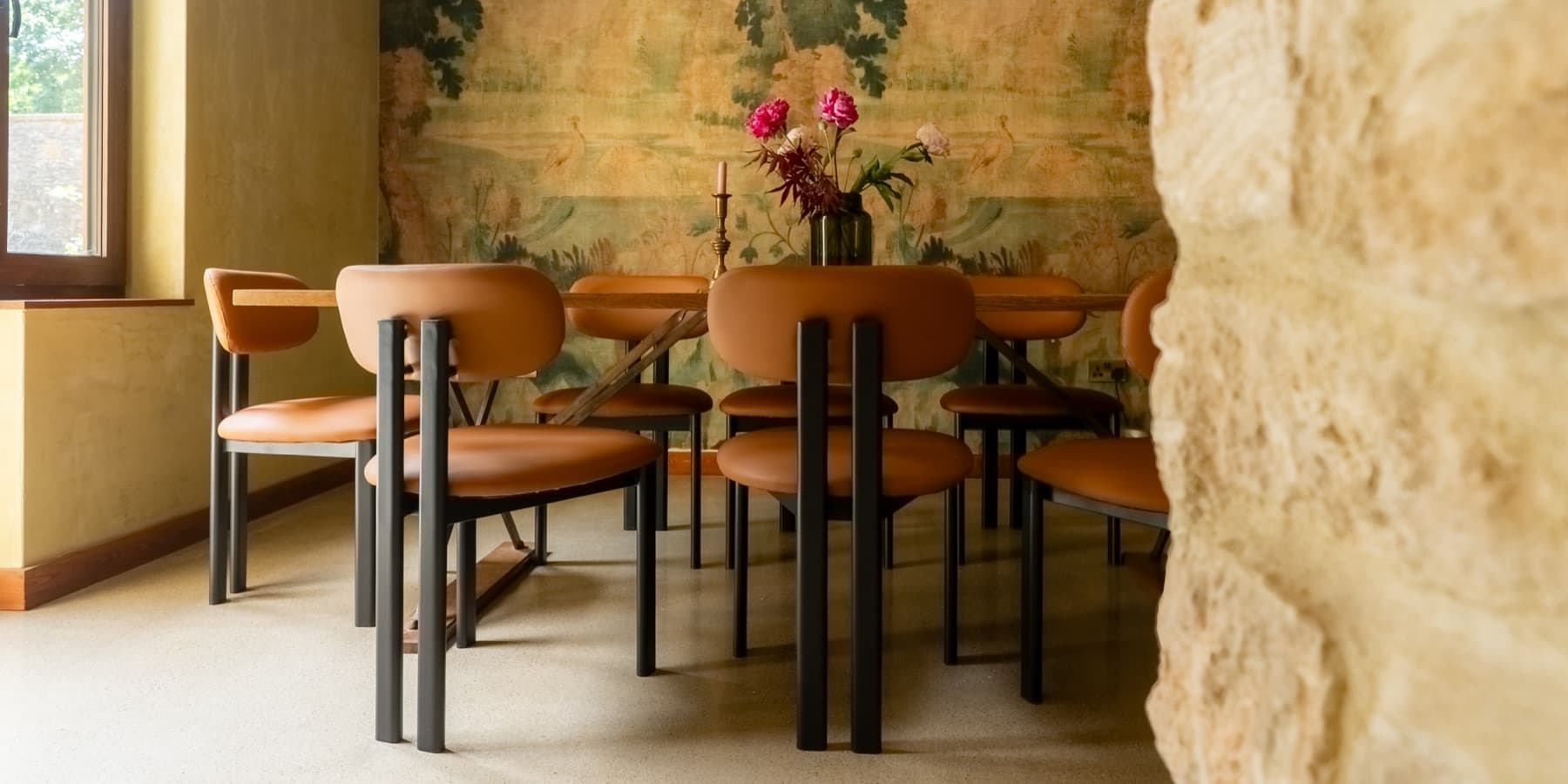 Tapestry dining room, table set with flowers